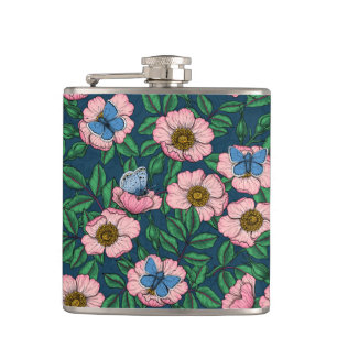 Dog rose and butterflies hip flask