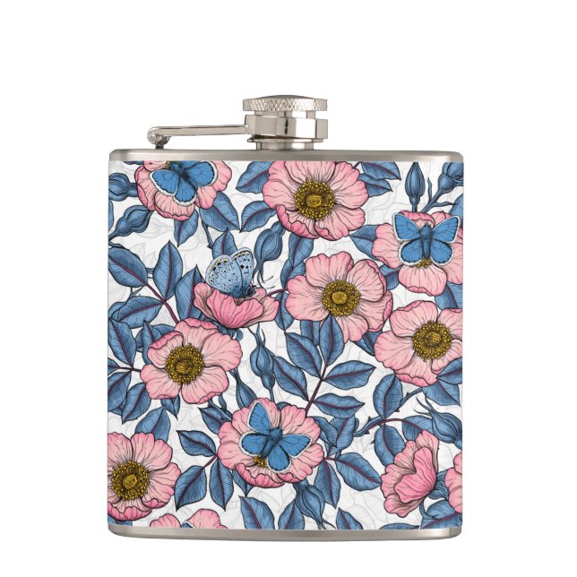 Dog rose and butterflies hip flask (Front)