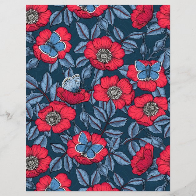 Dog rose and butterflies in blue and red (Front)