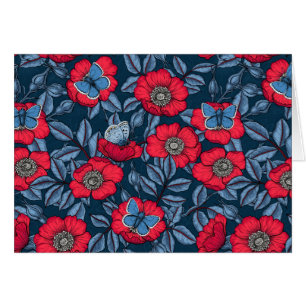 Dog rose and butterflies in blue and red