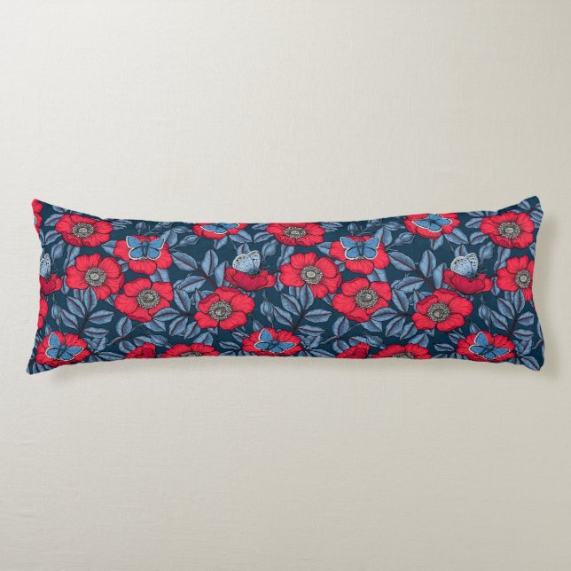 Dog rose and butterflies in blue and red body cushion (Front)