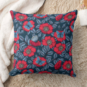 Dog rose and butterflies in blue and red cushion