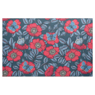 Dog rose and butterflies in blue and red fabric