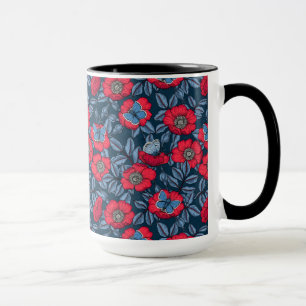 Dog rose and butterflies in blue and red mug