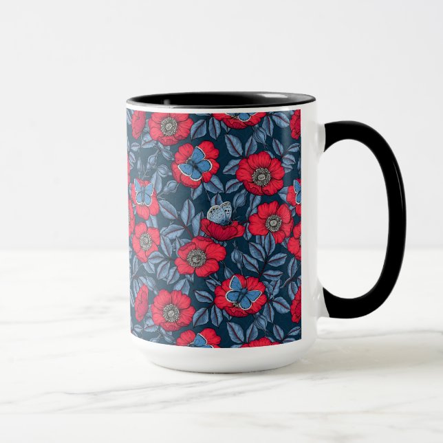 Dog rose and butterflies in blue and red mug (Right)