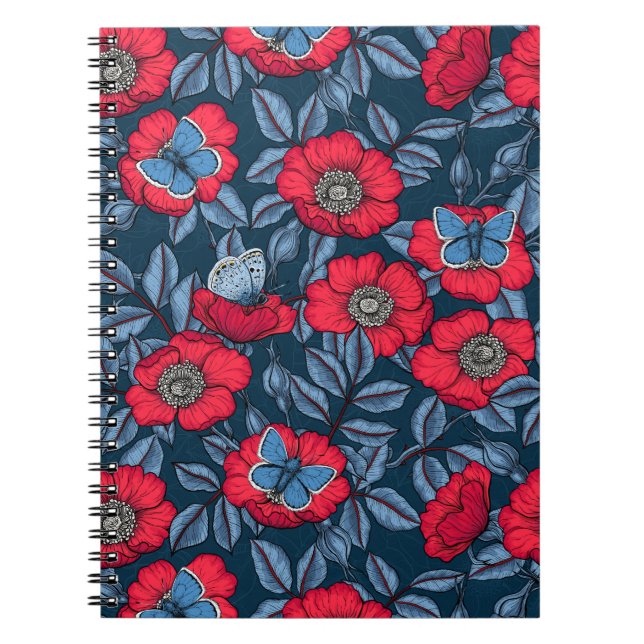 Dog rose and butterflies in blue and red notebook (Front)