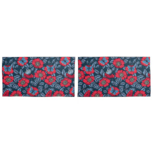 Dog rose and butterflies in blue and red pillowcase
