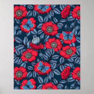 Dog rose and butterflies in blue and red poster