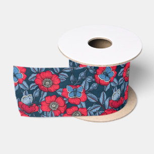 Dog rose and butterflies in blue and red satin ribbon