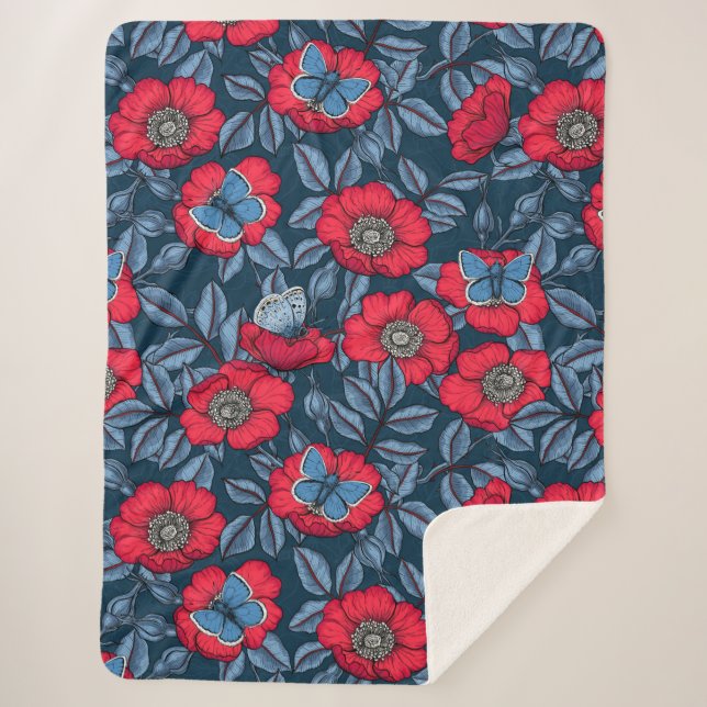 Dog rose and butterflies in blue and red sherpa blanket (Front)