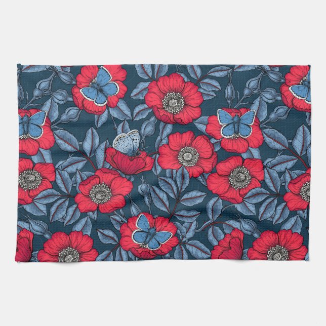 Dog rose and butterflies in blue and red tea towel (Horizontal)