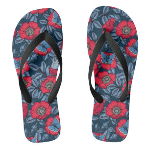 Dog rose and butterflies in blue and red thongs