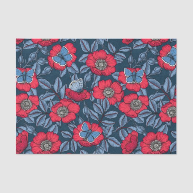 Dog rose and butterflies in blue and red tissue paper (Front)
