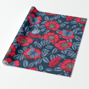 Dog rose and butterflies in blue and red wrapping paper
