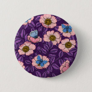 Dog rose and butterflies in pink and purple 6 cm round badge