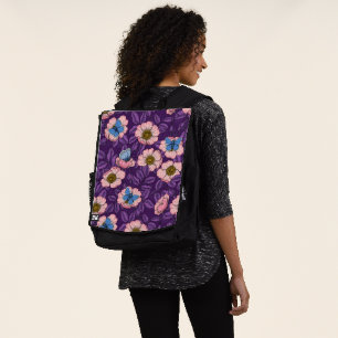 Dog rose and butterflies in pink and purple backpack