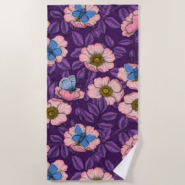 Dog rose and butterflies in pink and purple beach towel (Front)