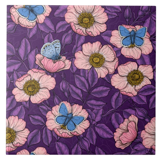 Dog rose and butterflies in pink and purple ceramic tile (Front)