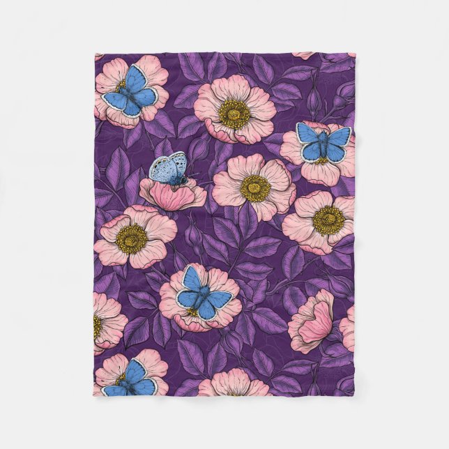 Dog rose and butterflies in pink and purple fleece blanket (Front)
