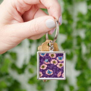 Dog rose and butterflies in pink and purple key ring