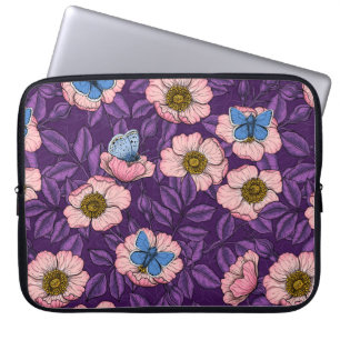 Dog rose and butterflies in pink and purple laptop sleeve