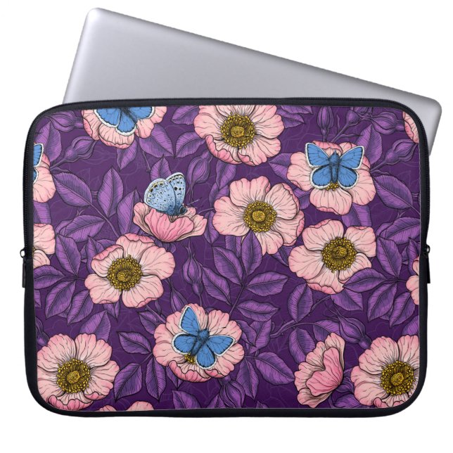 Dog rose and butterflies in pink and purple laptop sleeve (Front)