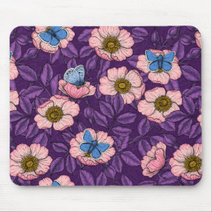 Dog rose and butterflies in pink and purple mouse pad