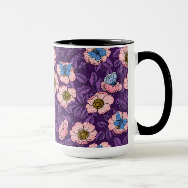 Dog rose and butterflies in pink and purple mug (Right)