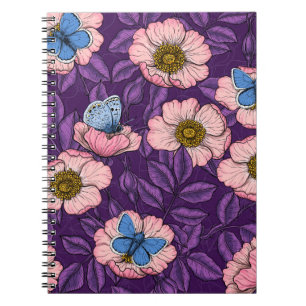 Dog rose and butterflies in pink and purple notebook