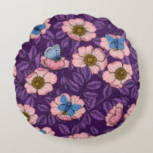 Dog rose and butterflies in pink and purple round cushion
