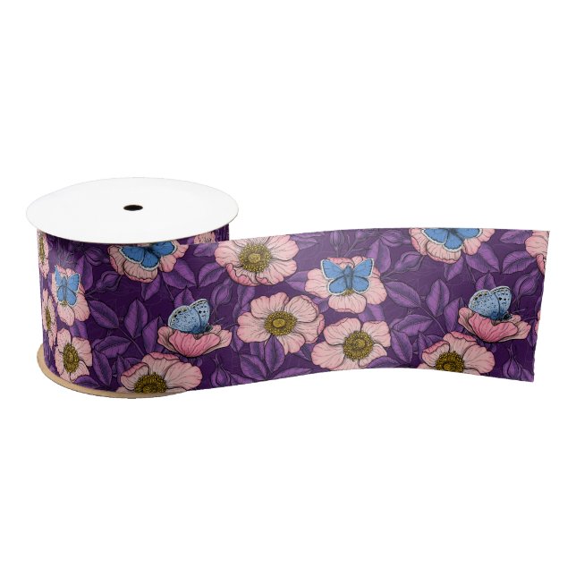 Dog rose and butterflies in pink and purple satin ribbon (Spool)