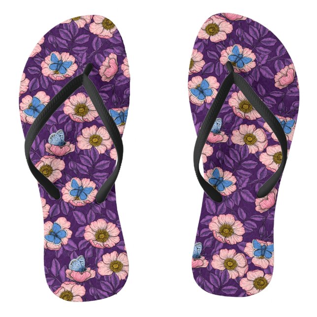 Dog rose and butterflies in pink and purple thongs (Footbed)