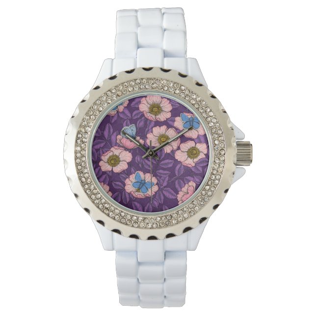 Dog rose and butterflies in pink and purple watch (Front)