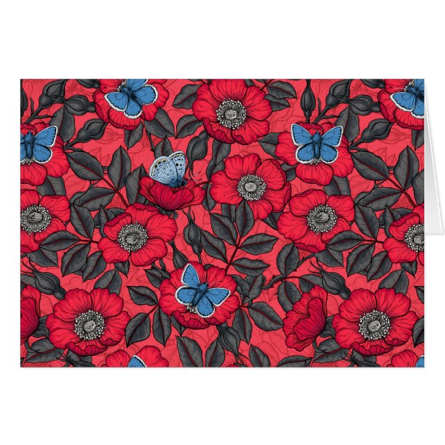 Dog rose and butterflies in red and blue (Front Horizontal)