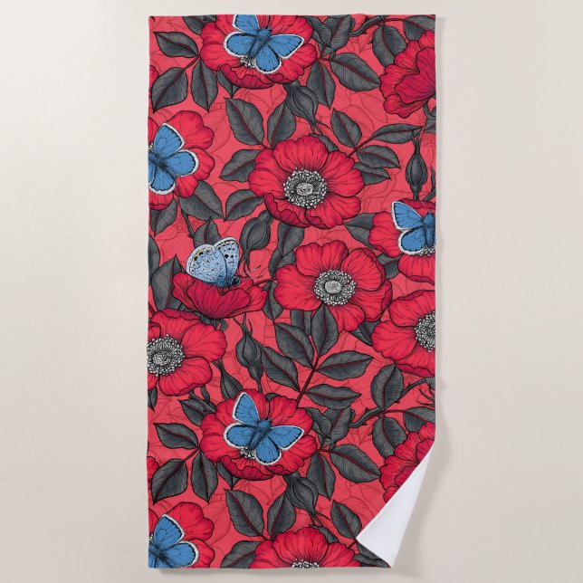 Dog rose and butterflies in red and blue beach towel (Front)