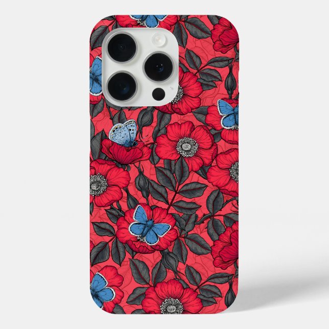 Dog rose and butterflies in red and blue Case-Mate iPhone case (Back)