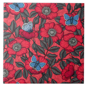 Dog rose and butterflies in red and blue ceramic tile