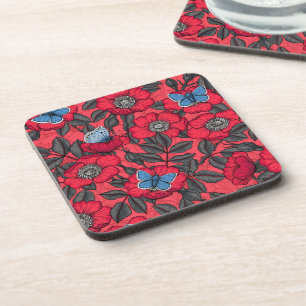 Dog rose and butterflies in red and blue coaster