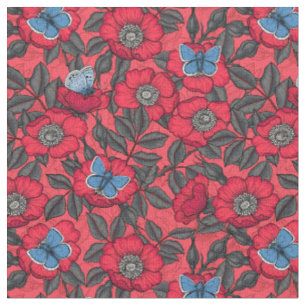 Dog rose and butterflies in red and blue fabric