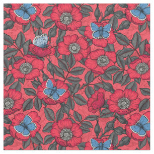 Dog rose and butterflies in red and blue fabric
