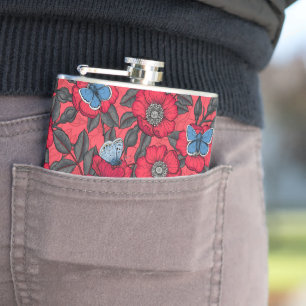 Dog rose and butterflies in red and blue hip flask