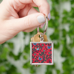 Dog rose and butterflies in red and blue key ring