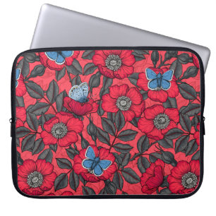 Dog rose and butterflies in red and blue laptop sleeve
