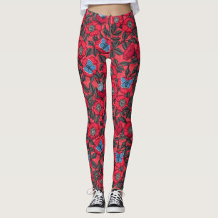 Dog rose and butterflies in red and blue leggings