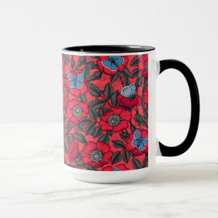Dog rose and butterflies in red and blue mug