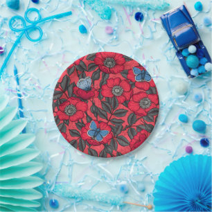 Dog rose and butterflies in red and blue paper plate