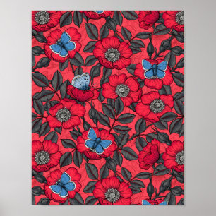 Dog rose and butterflies in red and blue poster