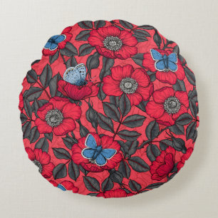 Dog rose and butterflies in red and blue round cushion