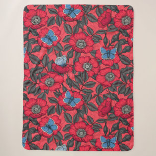 Dog rose and butterflies in red and blue sherpa blanket