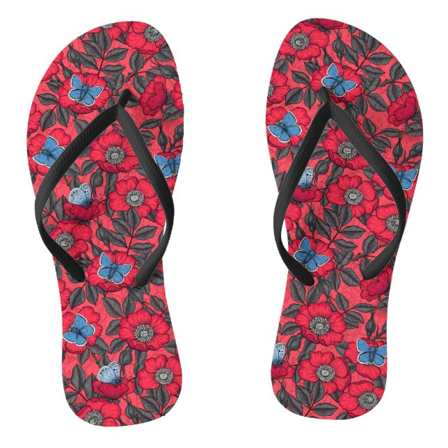 Dog rose and butterflies in red and blue thongs (Footbed)